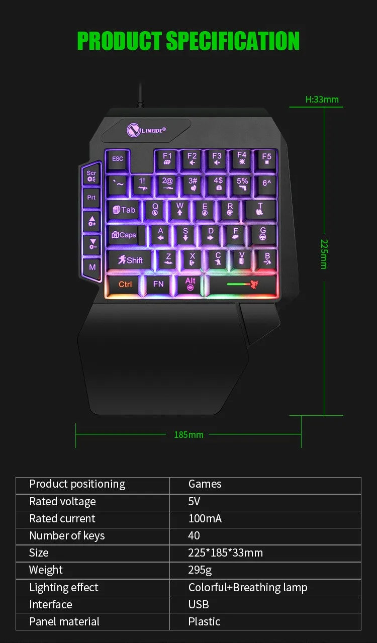 لوحة مفاتيح الألعاب أحادية اليد RGB من تيوسير │ لوحة مفاتيح سلكية صغيرة بمنفذ USB