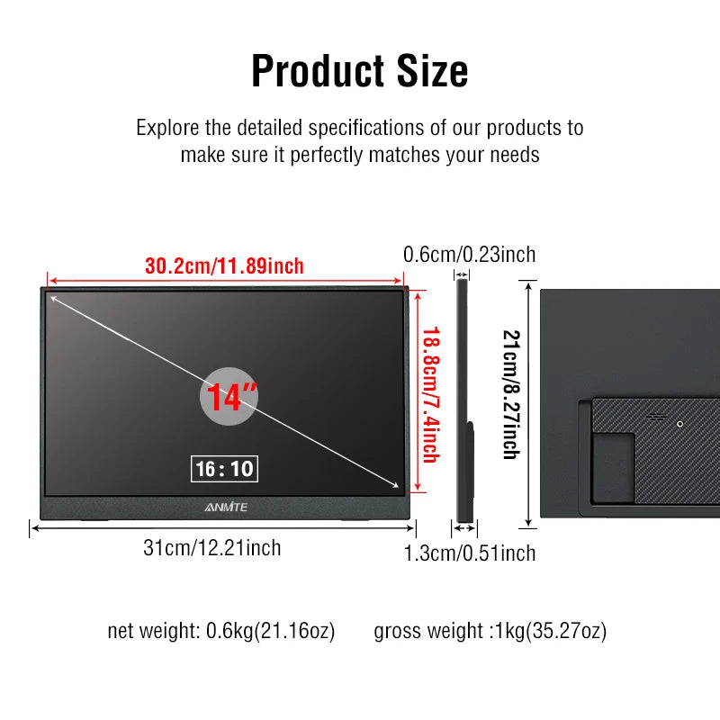14" Portable Touch Monitor | 1920×1200 IPS HDR10 USB-C HDMI Gaming Display 💻
