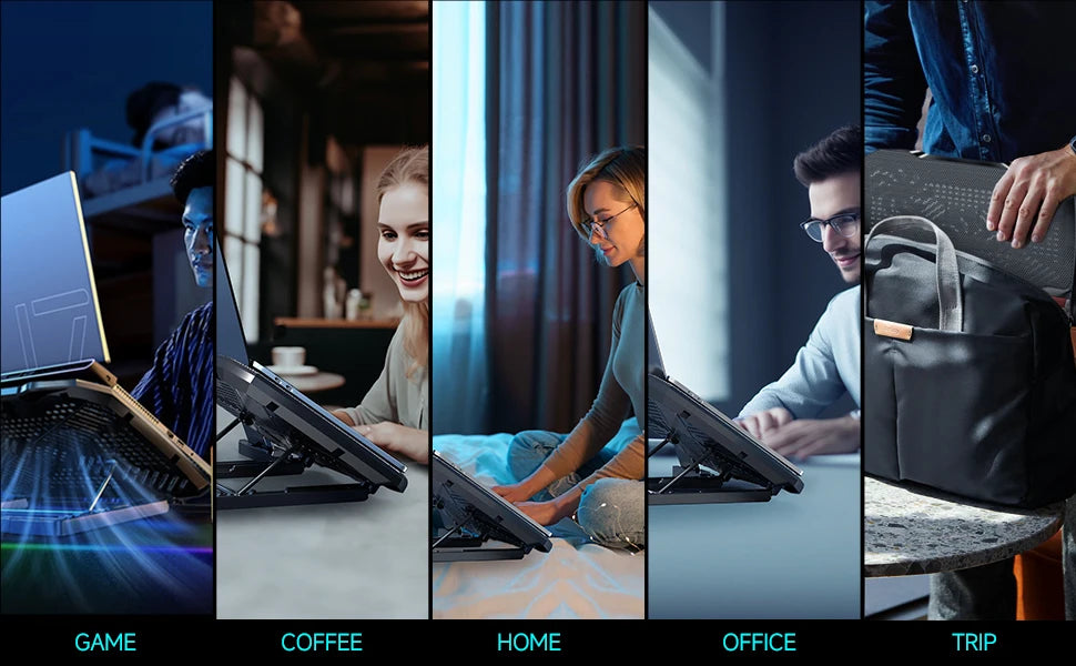 قاعدة تبريد لاب توب RGB بخمس مراوح صامتة - حامل تبريد قابل للتعديل للألعاب والمكتب لأجهزة اللابتوب مقاس 12-17 بوصة ❄️💻