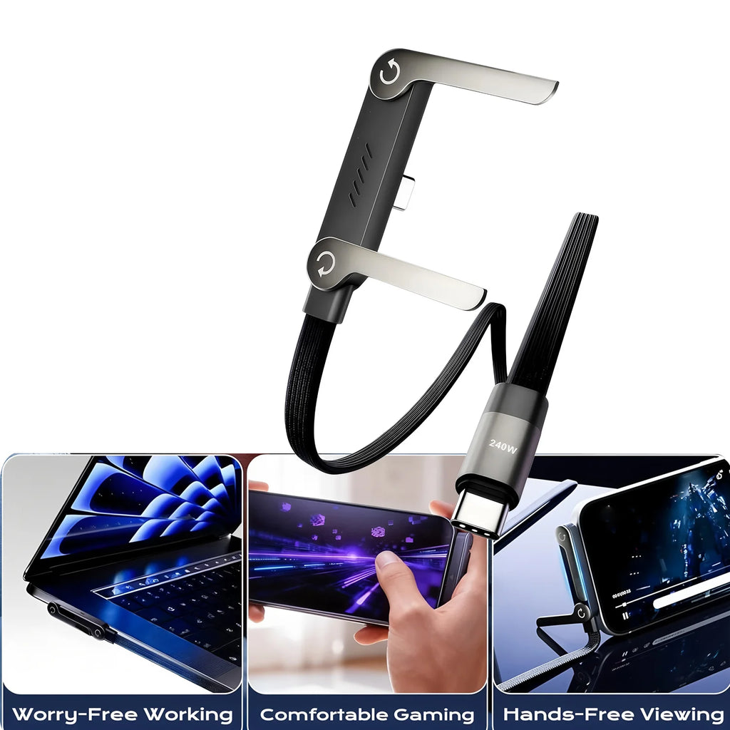 كابل شحن سريع قابل للطي بقوة 240 واط │ حامل هاتف قابل للتعديل │ شاحن USB PD سريع