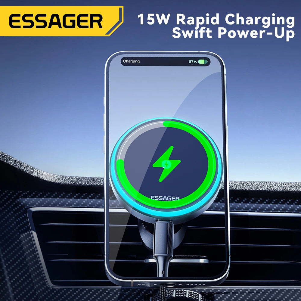 15W Magnetic Wireless Car Charger │ MagSafe Phone Mount │ LED Charging Holder
