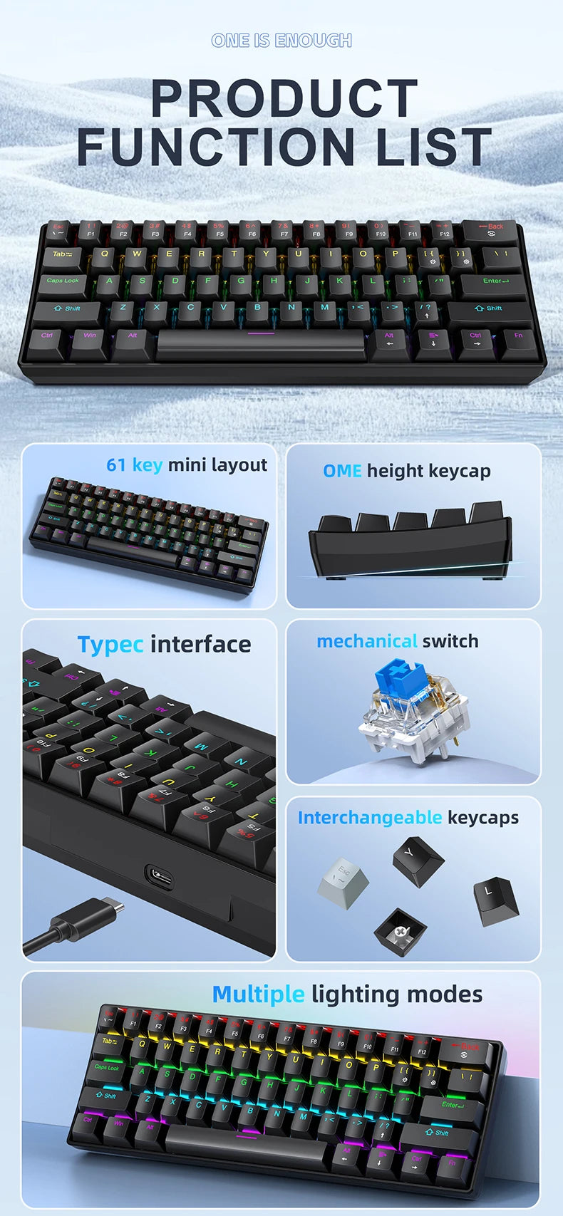 APAYADO K61 Mechanical Gaming Keyboard │ 61-Key RGB Wired Keyboard