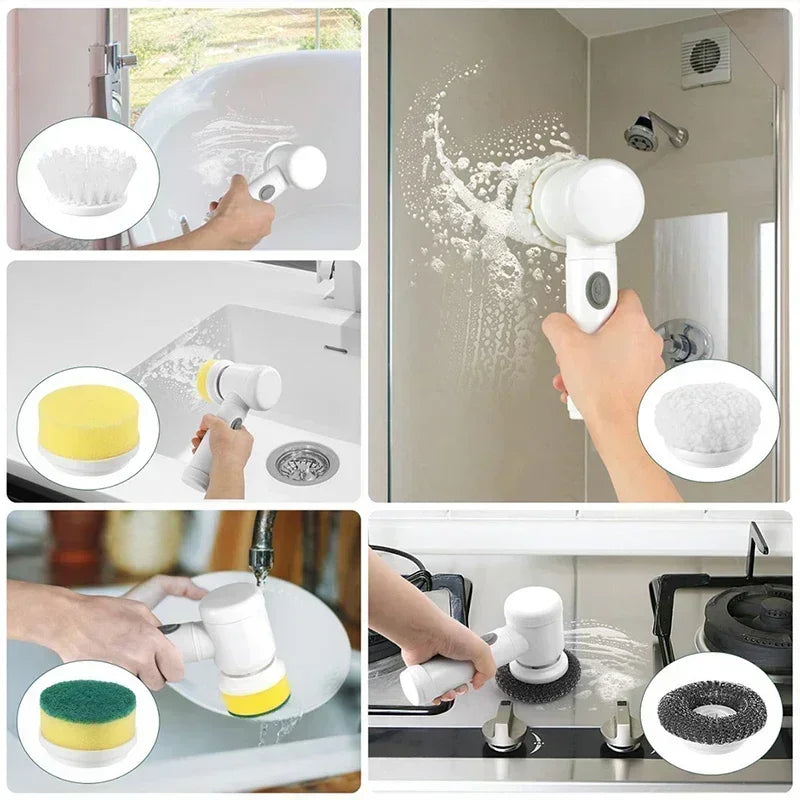 فرشاة تنظيف كهربائية دوارة محمولة – لاسلكية مع 5 رؤوس قابلة للتبديل