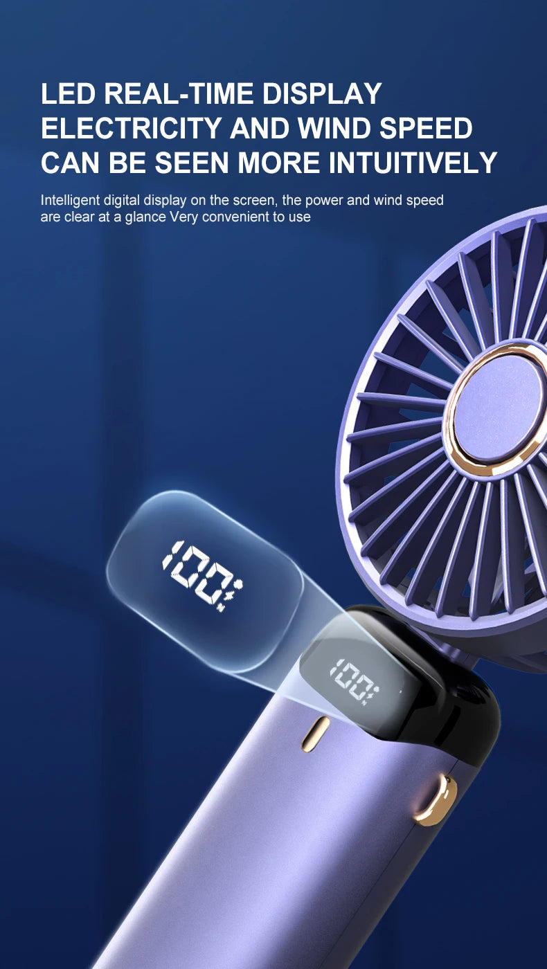مروحة صغيرة محمولة قابلة للطي مع حامل هاتف وشاشة LED
USB-C