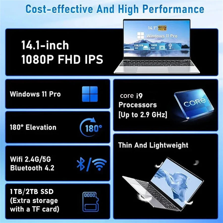 2026 New Core i9-10980HK Laptop Computer | 14.1" FHD Windows 11 Pro Notebook | 16GB RAM 1TB/2TB SSD | Ultra-Light Portable Laptop
