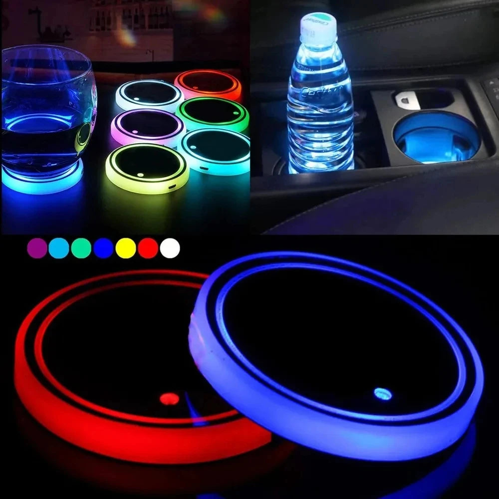أضواء LED RGB لحامل أكواب السيارة - قواعد أكواب محيطية قابلة لإعادة الشحن بـ 7 ألوان 🚗✨