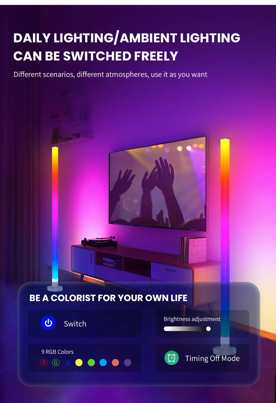 مصباح أرضي زاوية ذكي RGB - إضاءة مزاجية LED حديثة يتم التحكم فيها عبر التطبيق للألعاب وغرفة النوم 🌈✨