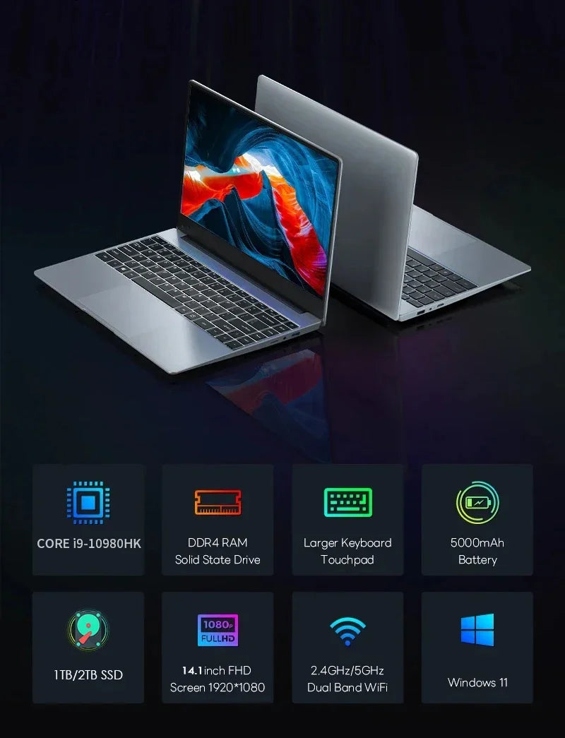 كمبيوتر محمول جديد لعام 2026 بمعالج Core i9-10980HK | شاشة 14.1 بوصة عالية الدقة | نظام تشغيل Windows 11 Pro | ذاكرة وصول عشوائي 16 جيجابايت | قرص صلب SSD سعة 1 تيرابايت/2 تيرابايت | كمبيوتر محمول فائق الخفة وقابل للحمل