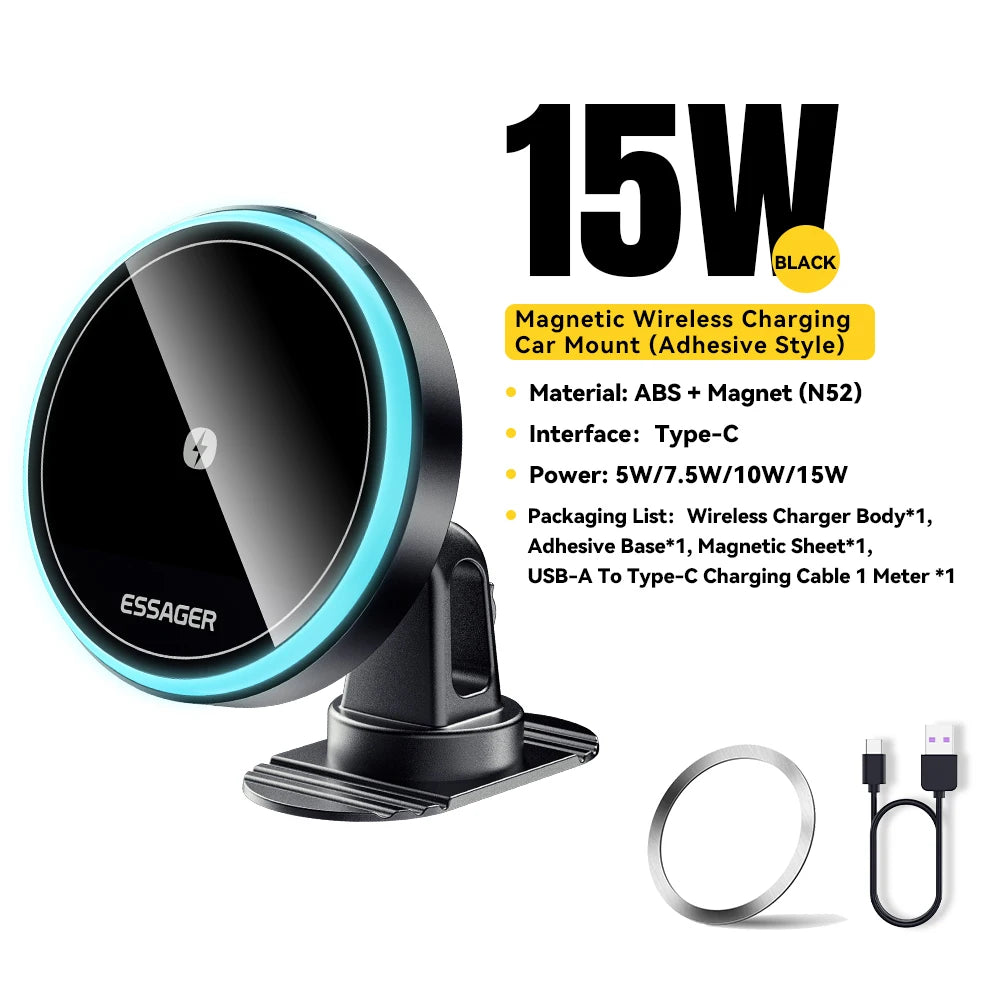 15W Magnetic Wireless Car Charger │ MagSafe Phone Mount │ LED Charging Holder