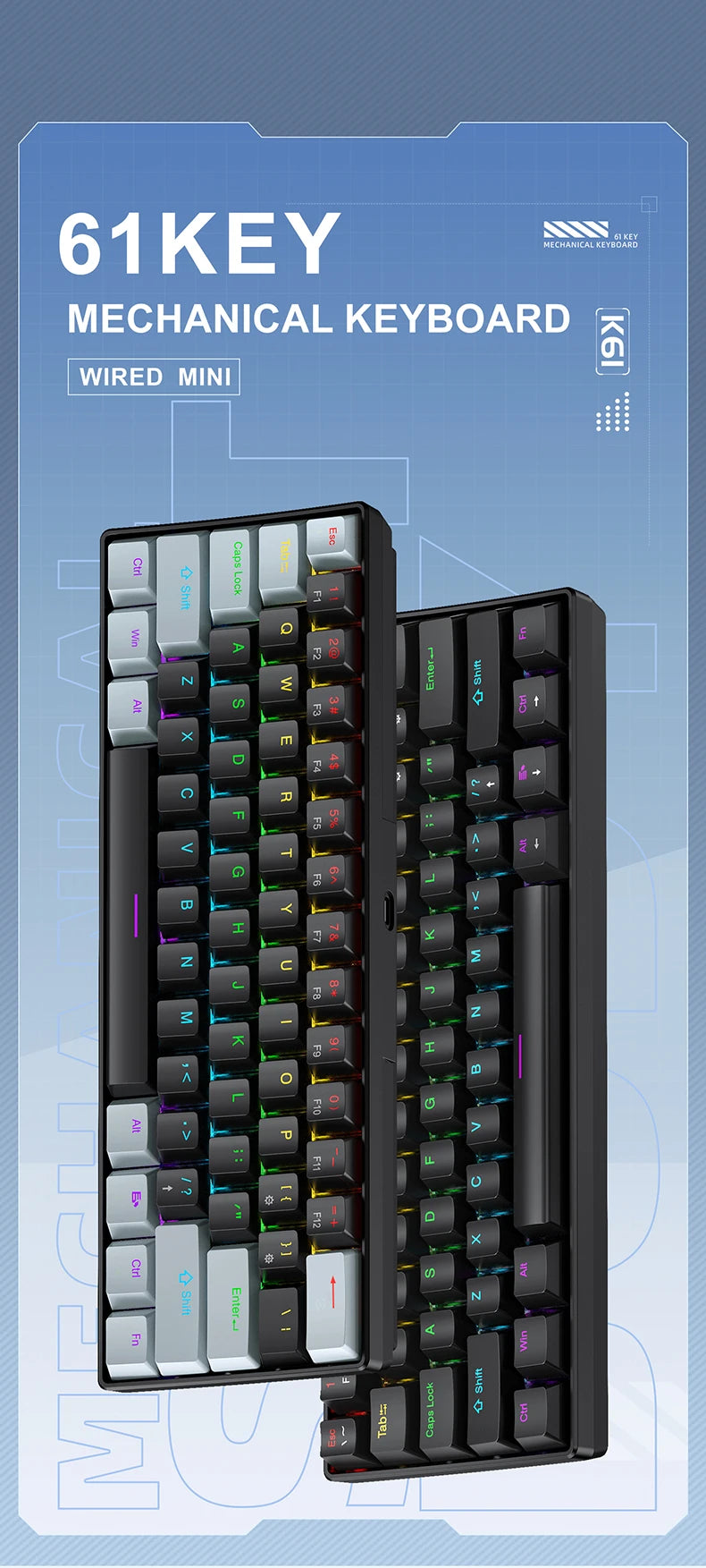 APAYADO K61 Mechanical Gaming Keyboard │ 61-Key RGB Wired Keyboard