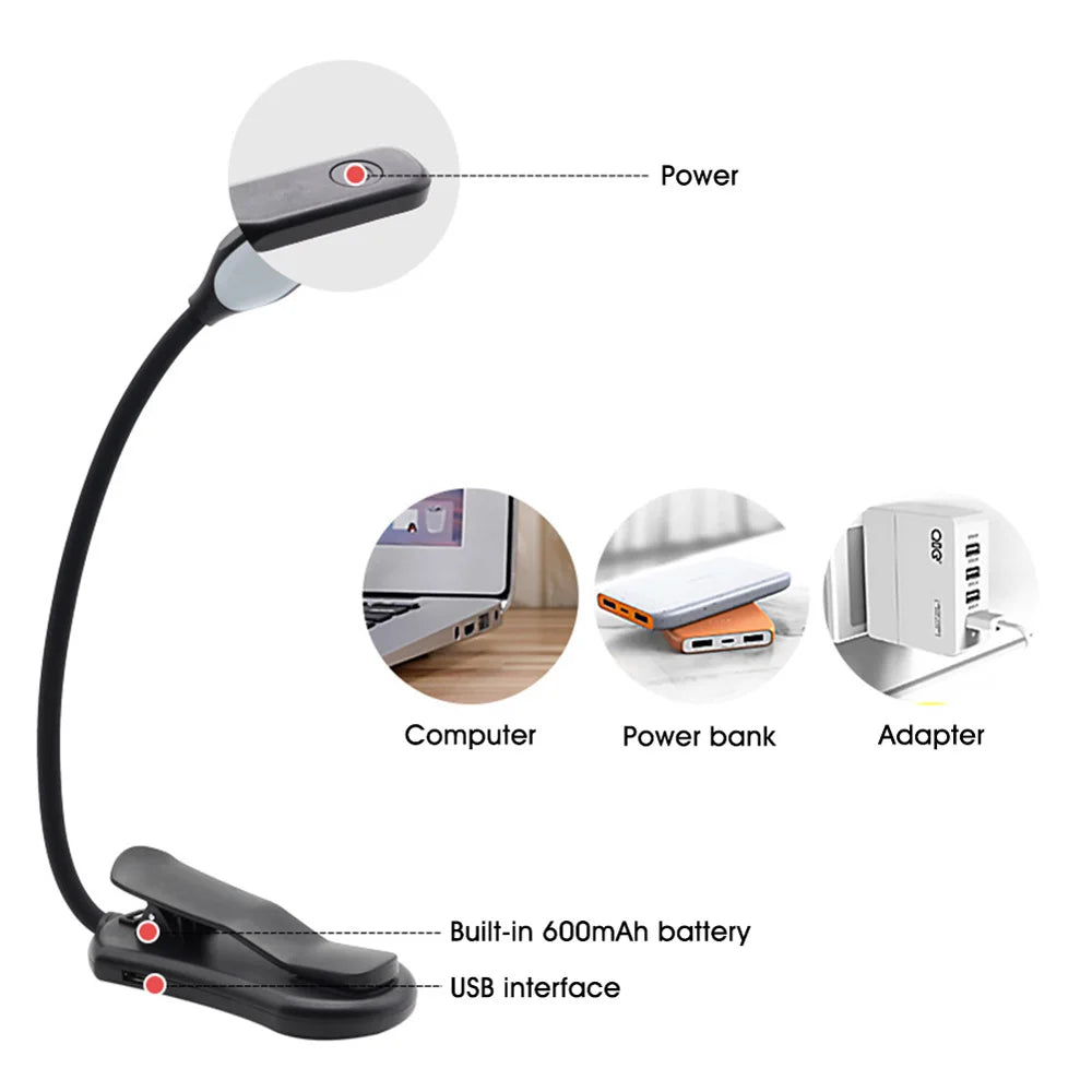 مصباح كتاب LED قابل لإعادة الشحن عبر USB | مصباح قراءة محمول بمشبك