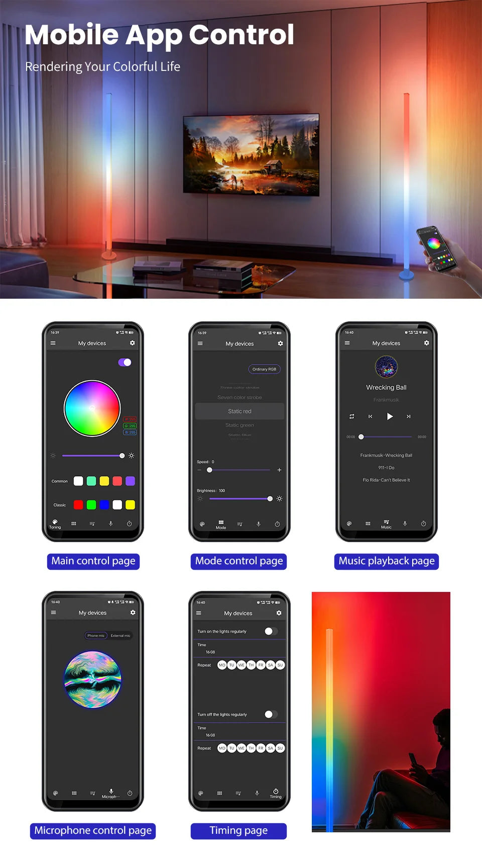 مصباح أرضي زاوية ذكي RGB - إضاءة مزاجية LED حديثة يتم التحكم فيها عبر التطبيق للألعاب وغرفة النوم 🌈✨