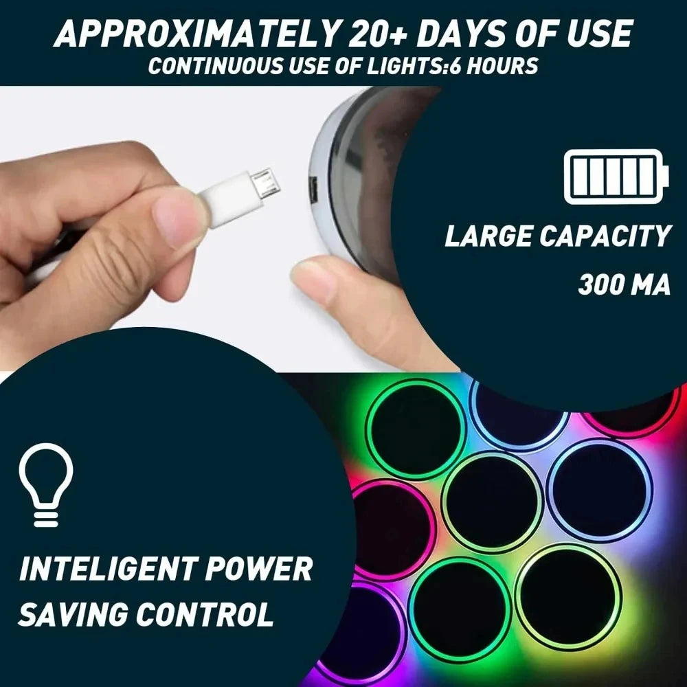أضواء LED RGB لحامل أكواب السيارة - قواعد أكواب محيطية قابلة لإعادة الشحن بـ 7 ألوان 🚗✨