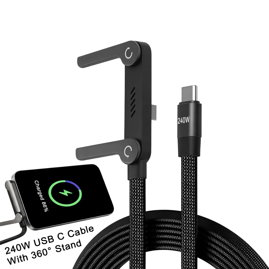 كابل شحن سريع قابل للطي بقوة 240 واط │ حامل هاتف قابل للتعديل │ شاحن USB PD سريع