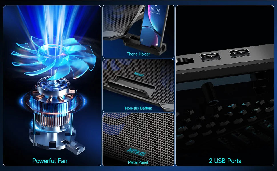 قاعدة تبريد لاب توب RGB بخمس مراوح صامتة - حامل تبريد قابل للتعديل للألعاب والمكتب لأجهزة اللابتوب مقاس 12-17 بوصة ❄️💻