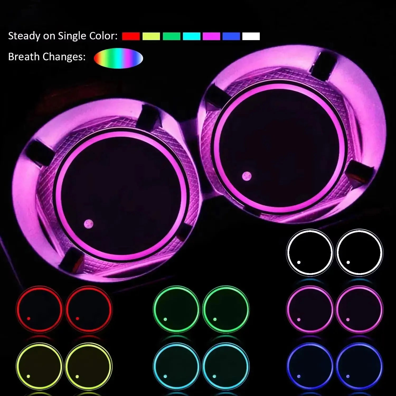 RGB LED Car Cup Holder Lights – Rechargeable 7 Color Ambient Coasters 🚗✨